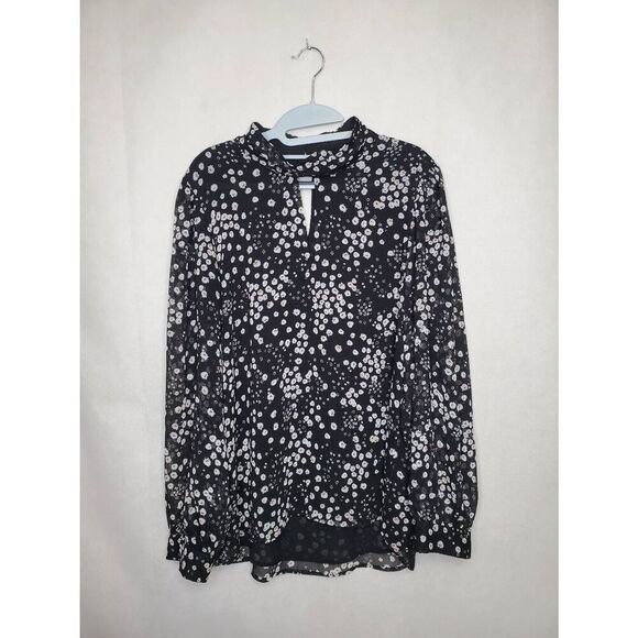 Karl Lagerfeld Paris Floral High Neck Key Hole Balloon Sleeve Semi Sheer Blouse - Picture 1 of 11